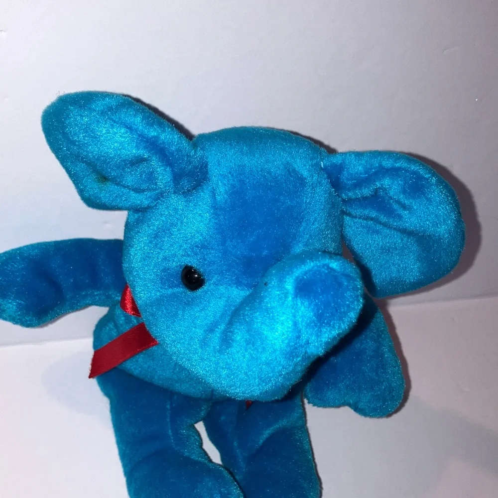 Beanpals Kellytoy Blue Elephant with Red Bow‎ Plush 9”